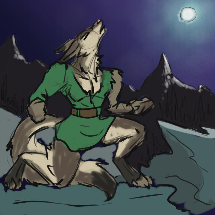 A werewolf-like character standing in front of a mountain-scape at night. He is in a green tunic, head thrown back and howling at the moon.