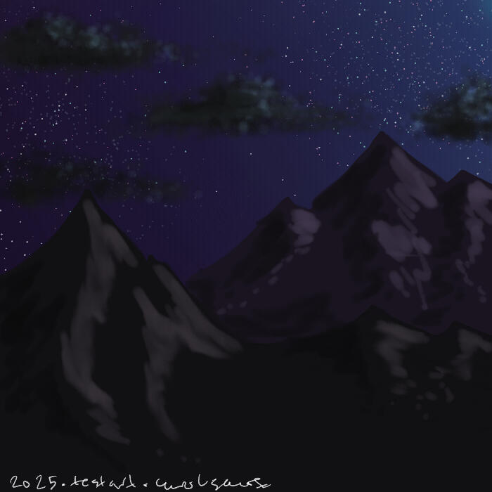 A digital illustration of a dark indigo sky with stars and dark mountains. Shadowy clouds fly overhead.