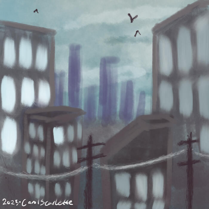 A digital illustration of a city scape in a rough painterly theme. Various shades of bluish and reddish grays.