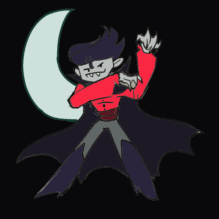 A character standing by itself in a void. In front of a crescent moon. He is a cartoony vampire character wearing a red long-sleeve shirt, a black cape, gray trousers and black knee-high boots. He is mischievous.