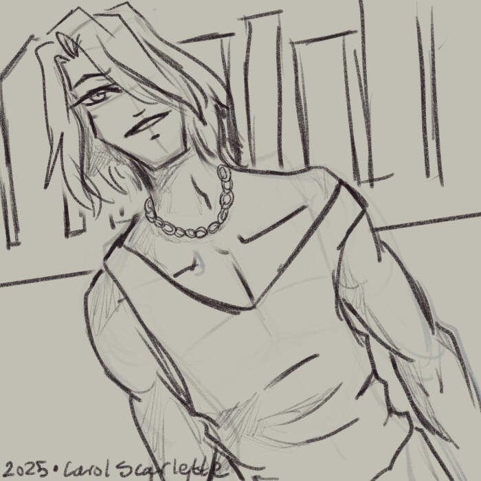 Rough sketch of a guy with long hair in a tank top and chain necklace.