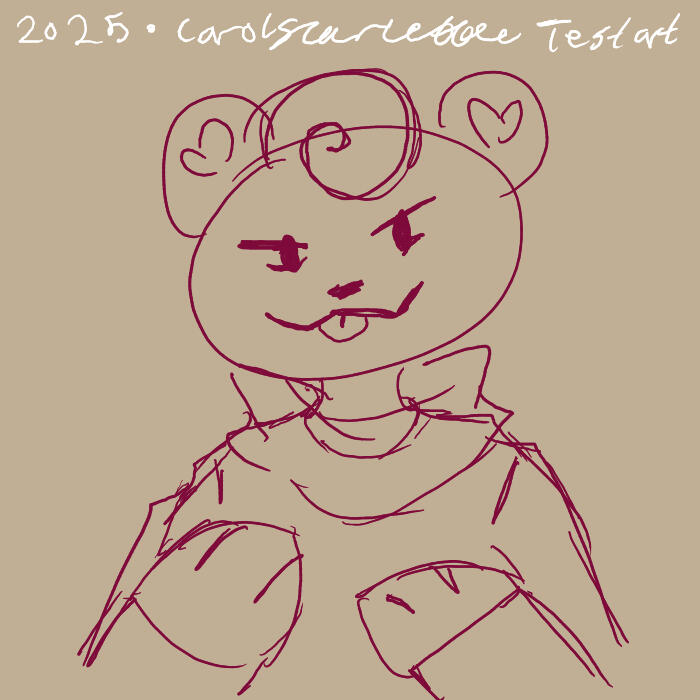 A digital illustration of a character on top of a grayish tan background. The character is a teddy-bear-like lady with hearts in her bear-ears, and a swirly swoop of "hair" on the top of her head. She is wearing a pull-over turtle-neck cardigan. She is mak