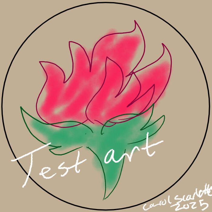 A grayish tan illustration with a rough-drawing of a rose in the middle, framed by a circle. The rose has red petals and green leaves. "Test art" is written across it in white.